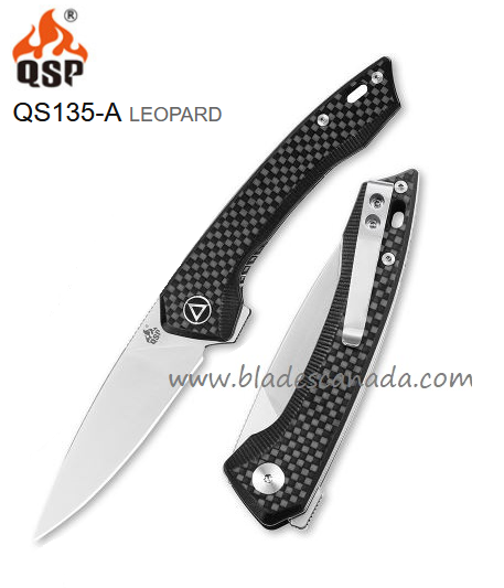 QSP Leopard Flipper Folding Knife, 14C28N Sandvik, Carbon Fiber/G10, QS135-A